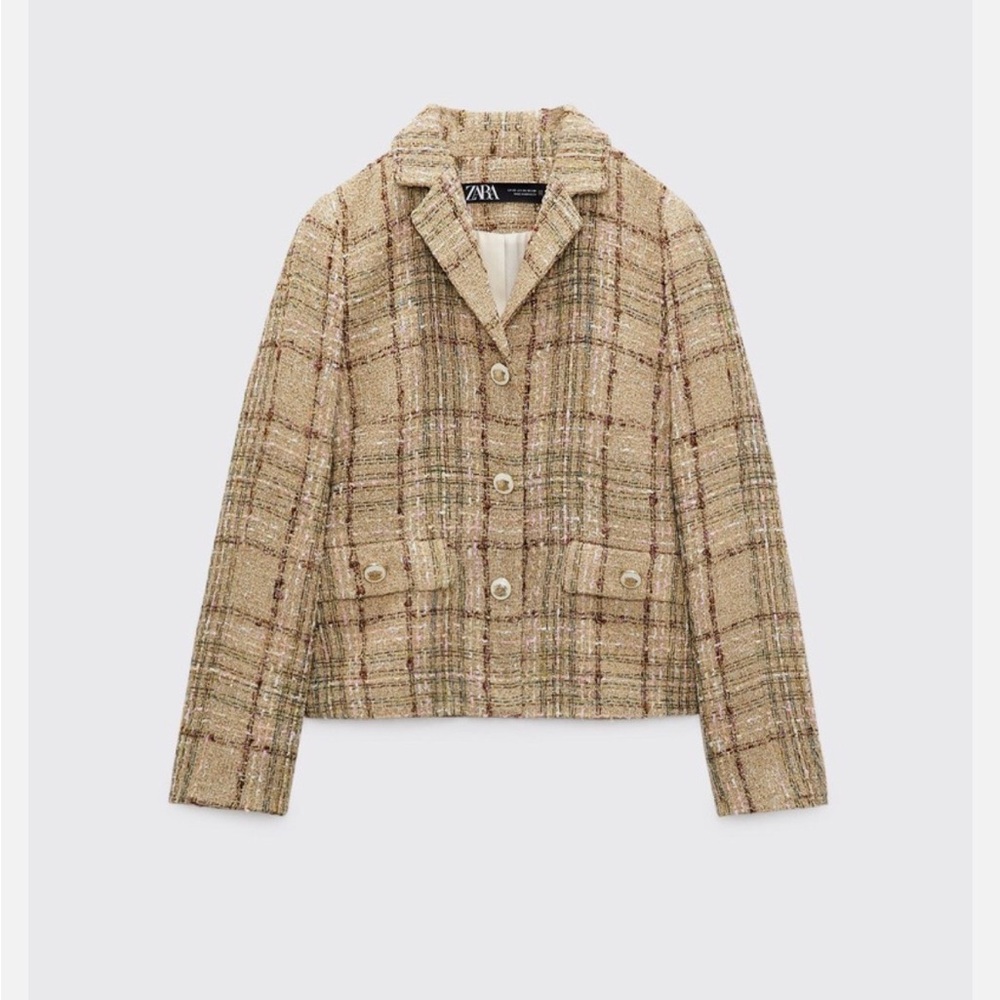 Zara Fitted Cropped Textured Blazer Tweed Gold